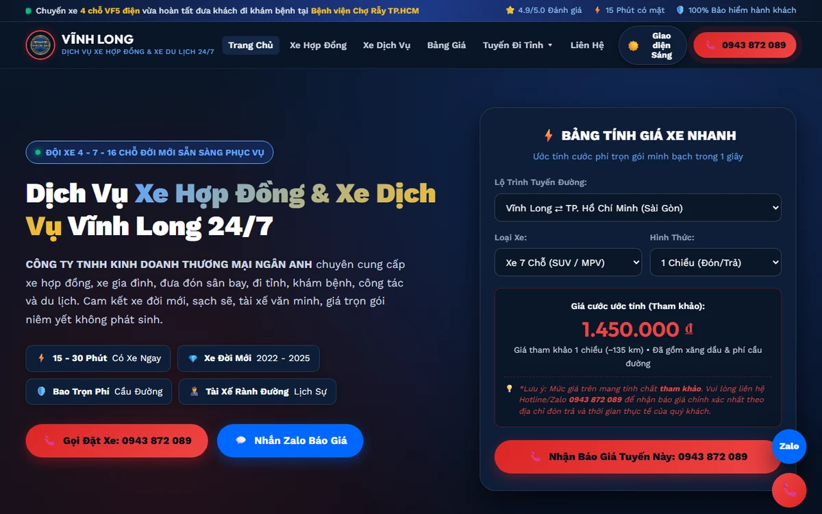 Bản xem trước website Dịch Vụ Taxi Vĩnh Long